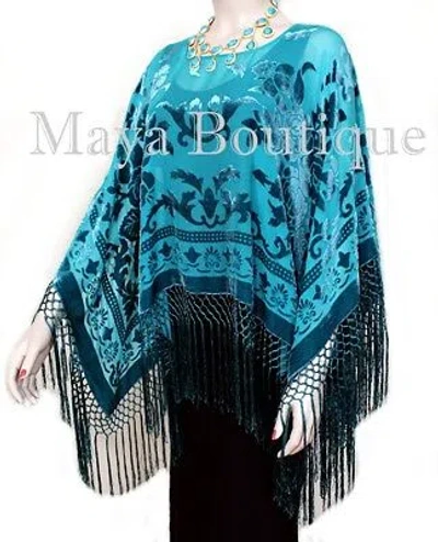 Pre-owned Maya Matazaro Teal Turquoise Silk Burnout Velvet Poncho Kimono Top Shawl  Usa