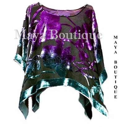 Pre-owned Maya Matazaro Top Silk Burnout Velvet Maya Poncho, Stained Glass Collection Teal & Purple Usa