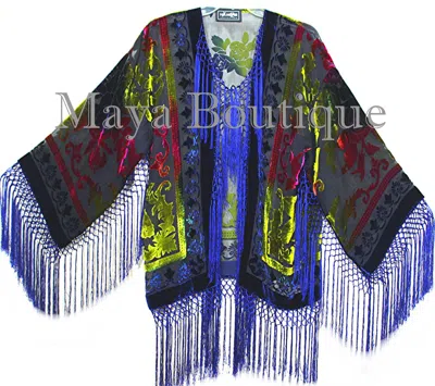 Pre-owned Maya Matazaro Tye Dye Blue Multi Short Fringe Jacket Kimono Silk Burnout Velvet  In Blue Pink Gold Tye Dye