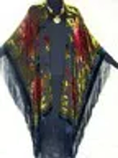 Pre-owned Maya Matazaro Tye Dye Burgundy Teal Multi Fringe Kimono Burnout Velvet Jacket