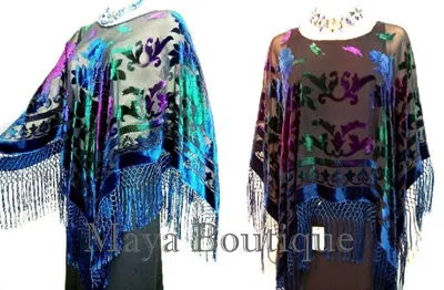 Pre-owned Maya Matazaro Tye Dye Fringe Poncho Shawl Top Burnout Velvet Blue Purple Multi