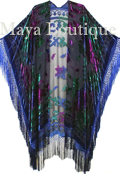 Pre-owned Maya Matazaro Tye-dye Navy Blue Multi Fringe Kimono Burnout Velvet Jacket Coat In Tye Dye Navy Blue Multi