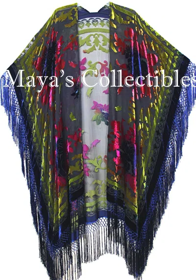 Pre-owned Maya Matazaro Tye Dye Pink Gold Blue Fringe Kimono Burnout Velvet Jacket Coat