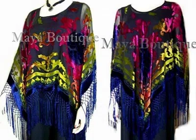 Pre-owned Maya Matazaro Tye Dye Poncho Shawl Fringe Top Burnout Velvet Blue Pink Multi  In Blue Pink Multi-color
