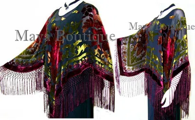 Pre-owned Maya Matazaro Tye Dye Poncho Shawl Top Silk Burnout Velvet Burgundy Multi  Usa In Red