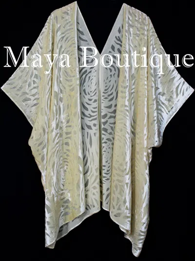 Pre-owned Maya Matazaro Vanilla Camellia Burnout Velvet Caftan Kimono Jacket Duster In White