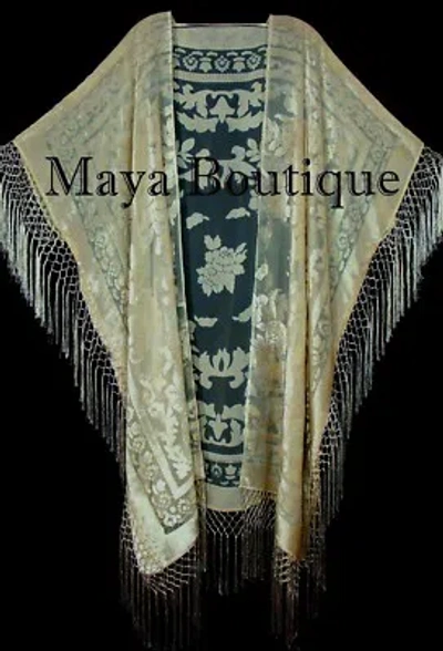 Pre-owned Maya Matazaro Vanilla Kaftan Duster Fringe Jacket Kimono Opera Burnout Velvet  In White