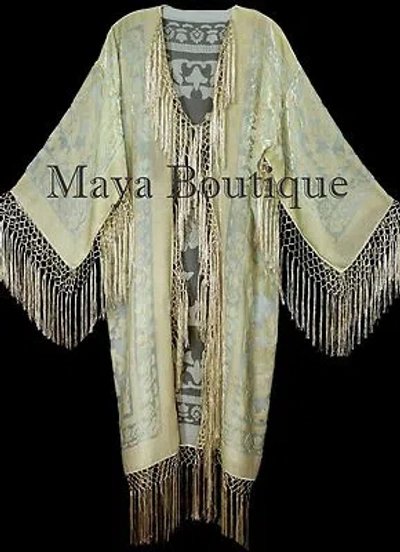 Pre-owned Maya Matazaro Vanilla Silk Burnout Velvet Fringes Jacket Kimono Long Coat  Usa In White