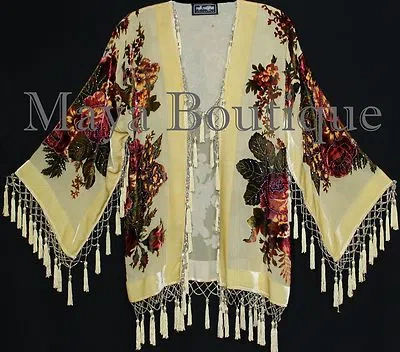 Pre-owned Maya Matazaro Victorian Rose Jacket Short Kimono Beaded Silk Velvet Vanilla  Usa In White
