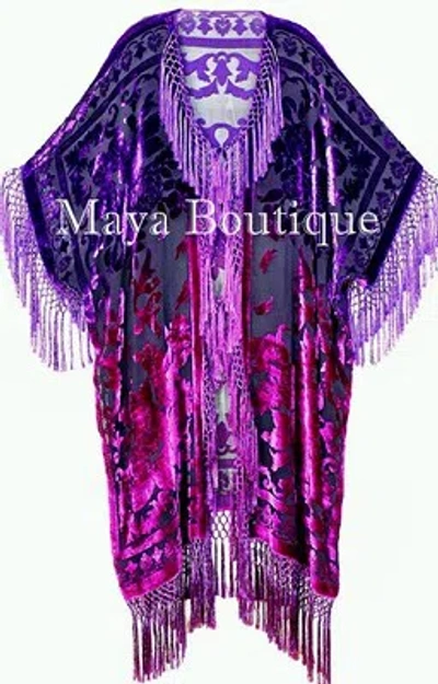 Pre-owned Maya Matazaro Violet Fuchsia Kimono Caftan Fringe Jacket Silk Burnout Velvet Hand Dyed Maya In Violet Fuchsia Ombree