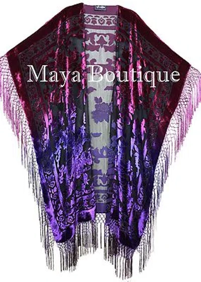 Pre-owned Maya Matazaro Violet Magenta Wearable Art Kimono Caftan Fringe Jacket Burnout Velvet Hand Dyed In Violet Magenta Ombre
