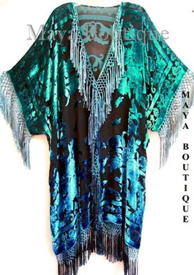 Pre-owned Maya Matazaro Wearable Art Kimono Caftan Fringe Jacket Silk Burnout Velvet Hand Dyed Teal Blue In Teal Blue Ombree