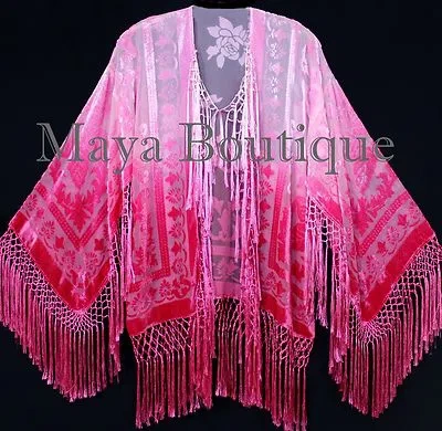 Pre-owned Maya Matazaro Wearable Art Pink Ombre Velvet Kimono Jacket Hand Dyed Short