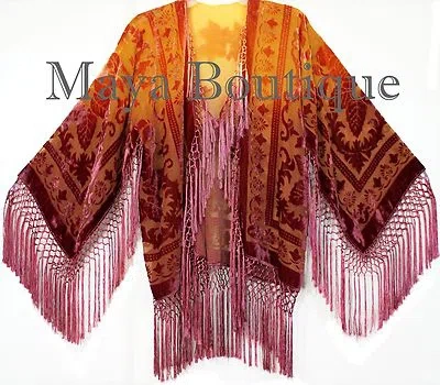 Pre-owned Maya Matazaro Wearable Art Velvet Kimono Jacket Hand Dyed Tangerine & Coco Short  In Tangerine & Cocoa