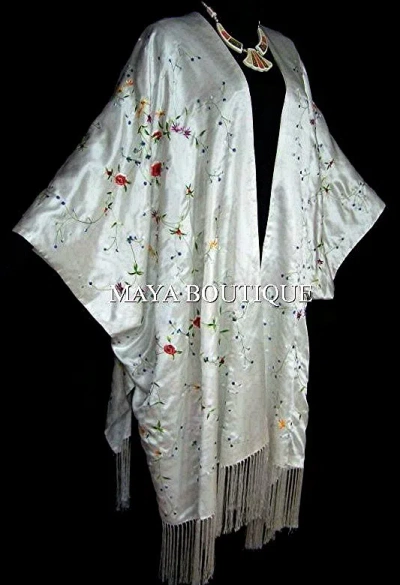 Pre-owned Maya Matazaro White Embroidered Silk Kimono Caftan Duster Coat Plus Size