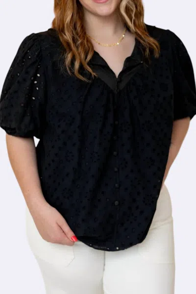 Mayah Overseas Ready To Go Eyelet Puff Sleeve Blouse In Black