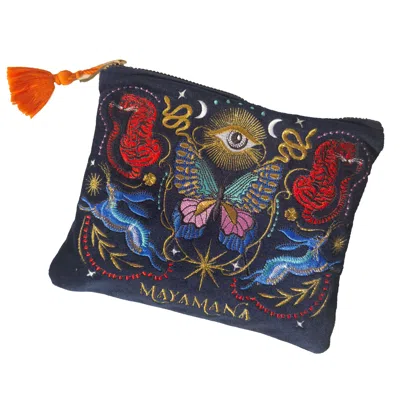 Mayamana Women's Blue / Yellow / Orange Butterfly Embroidered Blue Velvet Zip Pouch Bag