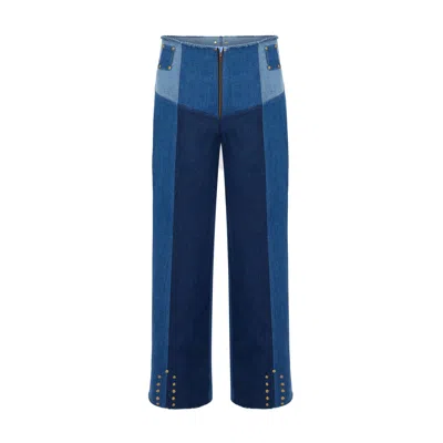 Mayamu Blue Arden - Stud Detailed Pants With Three Different Shades Of Denim In Multi