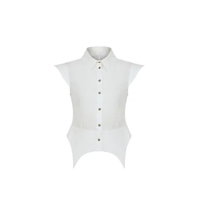 Mayamu Women's Sade White Cotton Shirt With Shoulder And Waist Details