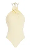 Maygel Coronel Agapi Floral-appliquéd Ruched Halterneck Swimsuit In Yellow