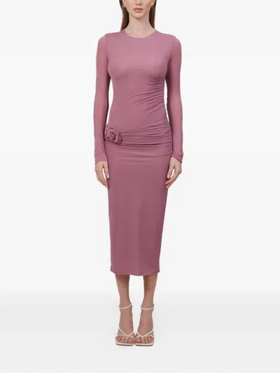 Maygel Coronel Anna Ruched Floral-appliqué Midi Dress In Pink