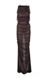 Maygel Coronel Cascata Ruched Cotton-blend Maxi Dress In Brown