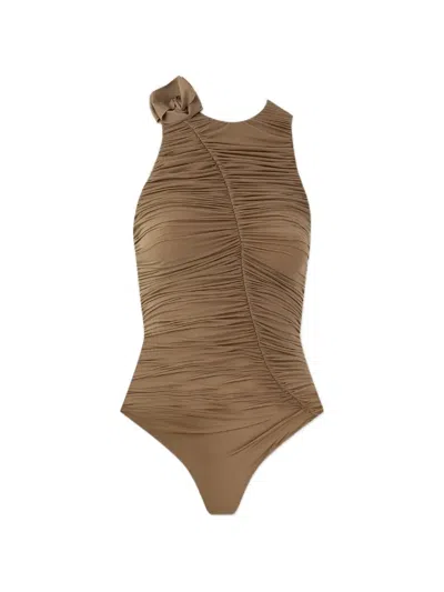 Maygel Coronel Coco Ruched Floral-detail Swimsuit In Brown