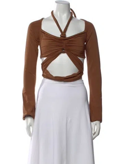 Pre-owned Maygel Coronel Halterneck Long Sleeve Crop Top In Brown