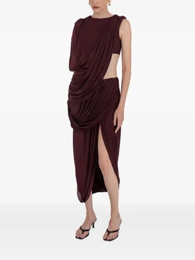 Maygel Coronel Leon Draped Side-slit Midi Skirt In Burgundy