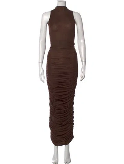Pre-owned Maygel Coronel Mock Neck Long Dress In Brown