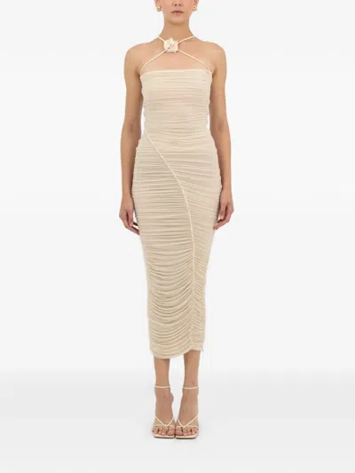 Maygel Coronel Muralla Flower-detail Ruched Dress In Neutral