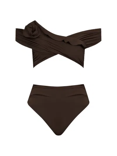 Maygel Coronel Rosy Floral-detail Off-shoulder Bikini Set In Brown