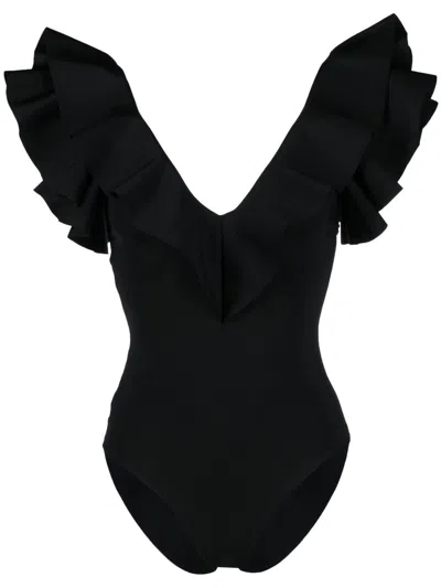 Maygel Coronel Ruffle-trim Detail Swimsuit In Schwarz