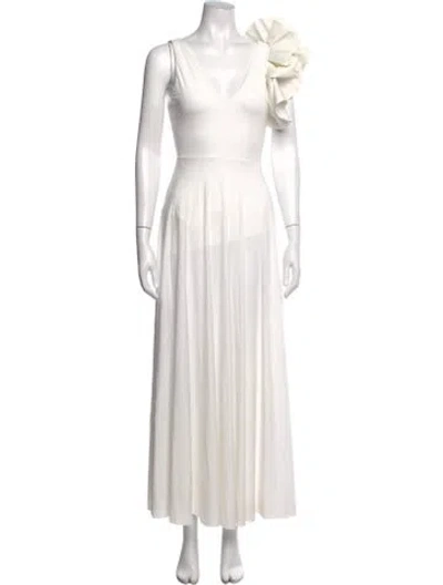 Pre-owned Maygel Coronel V-neck Long Dress In White