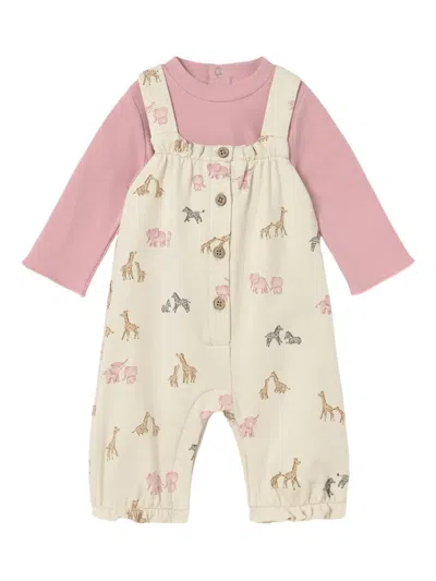 Mayoral Babies' Animal-print T-shirt And Dungaree Set In Neutral