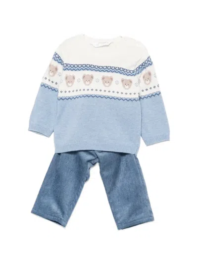 Mayoral Babies' Bear-intarsia Knitted Trouser Set In Blue