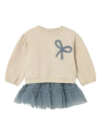 Mayoral Babies' Bow-embellished Sweater And Tulle Skirt Set In Neutral