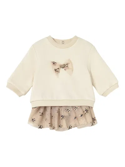 Mayoral Babies' Bow-embellished Sweatshirt And Tulle Skirt Set In Neutral