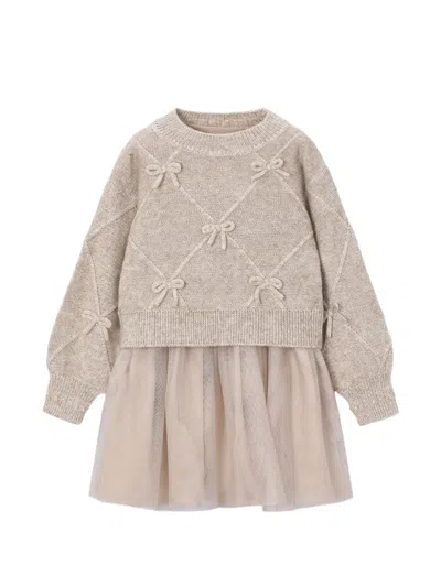 Mayoral Kids' Bow-embellished Tulle-skirt Dress In Neutrals