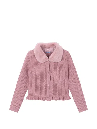 Mayoral Kids' Faux-fur Collar Cable-knit Cardigan In Pink