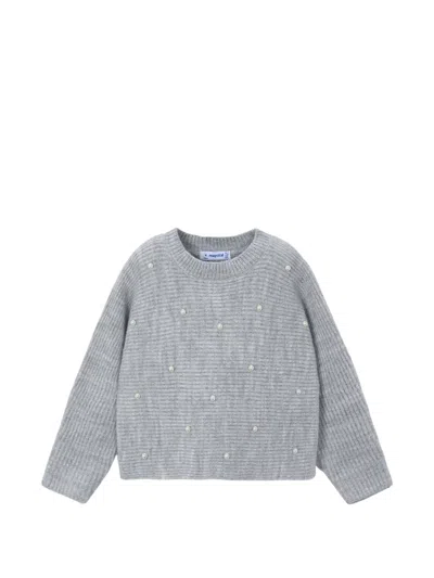 Mayoral Kids' Faux-pearl Embellished Ribbed-knit Sweater In Gray