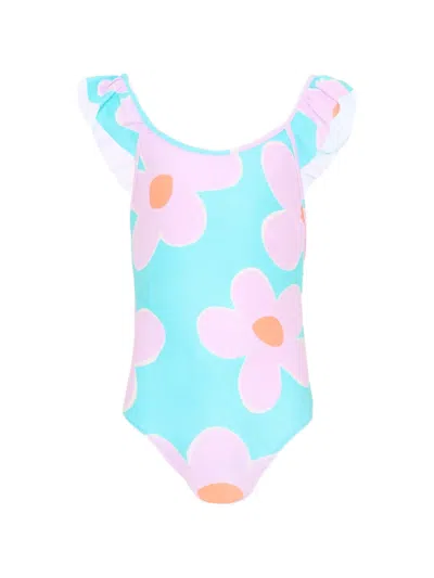 Mayoral Kids' Floral-print Ruffled Swimsuit In Purple