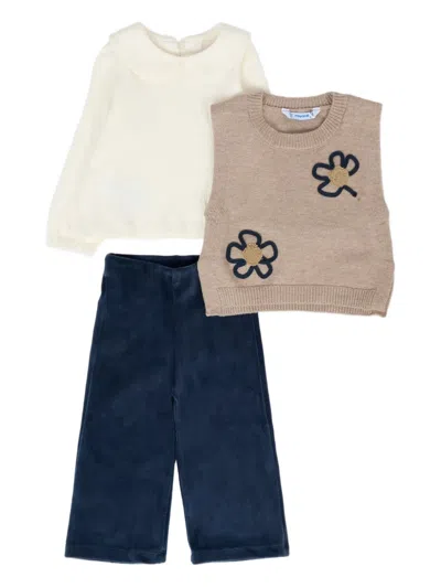 Mayoral Babies' Flower-embellished Trouser Set (set Of Three) In Neutral