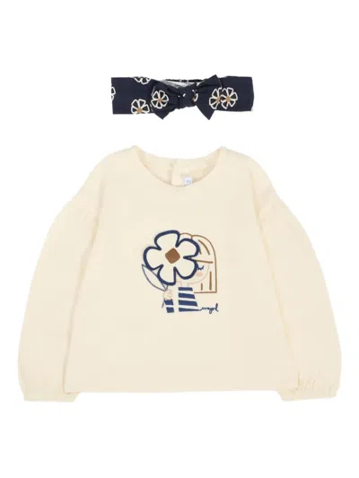 Mayoral Babies' Flower-embroidered Long-sleeve Sweetshirt Set In Neutral