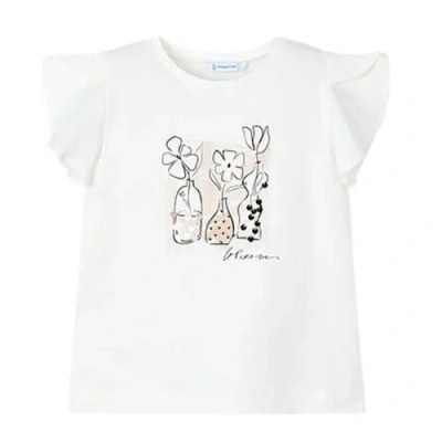 Mayoral Kids'  Flower Ruffle Applique T-shirt In Natural
