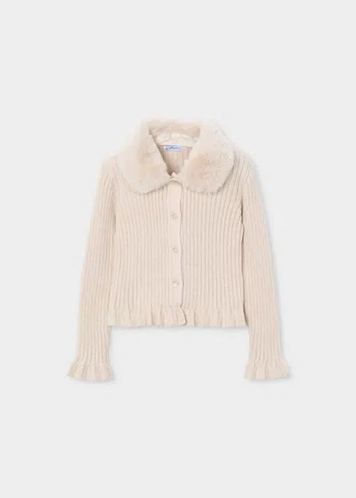 Mayoral Kids' Girl's Ribbed Knit Cardigan With Faux Fur Collar In Tapioca In Neutral