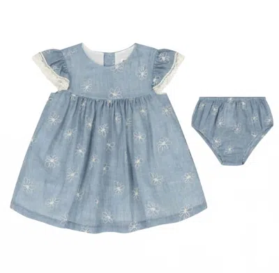 Mayoral Kids' Girl's Two Piece Denim Dress With Embroidered Flowers In Blue