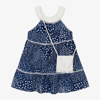 Mayoral Babies' Girls Blue Cotton Dress & Ivory Bag Set