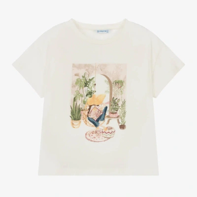 Mayoral Kids' Girls Ivory Cotton Girl Print T-shirt