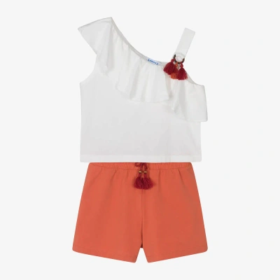 Mayoral Kids' Girls Orange & Ivory Cotton Shorts Set